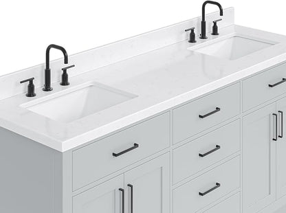 DKB Isabella 72 Inch Bathroom Vanity Double Sink — Grey Bathroom Vanity with Sink, 1.5" Edge Carrara White Quartz Countertop & Backsplash, 4 Soft-Close Doors, 4 Dovetail Drawers, and 2 Tilt Drawers
