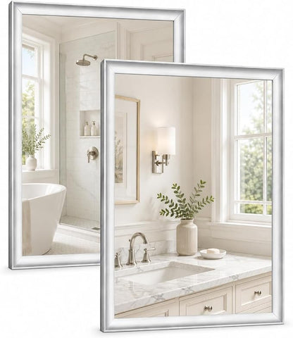 2 Pack Brushed Nickel Bathroom Mirrors 22x30 Inch | Silver Rectangle Vanity Mirror for Bedroom, Entryway, Living Room Decor, Aluminum Framed, Curved Wide Edge, Anti-Rust