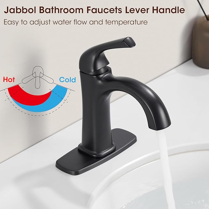 Matte Black Single Hole Bathroom Faucet, Single Handle Brass Bathroom Sink Faucet, Lavatory Vanity Faucet for 1 or 3 Holes, Bathroom Faucets with Pop Up Drain and Supply Lines, Deck Plate