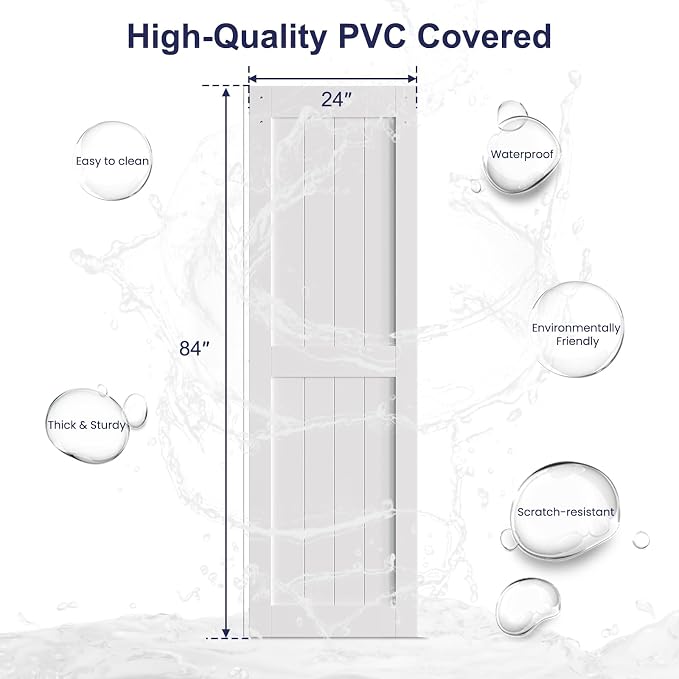 SMARTSTANDARD 24" x 84" White Sliding Barn Door with 5FT Silver Hardware | Pre-Drilled Ready to Assemble, Waterproof PVC Coating, H-Frame