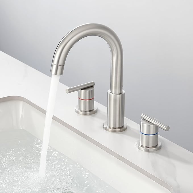 Faustina 3 Hole Bathroom Faucet, Brushed Bathroom Faucets for Sink 3 Hole/Double-Handle/8-Inch Widespread Bathroom Faucet, Stainless Steel Bathroom Vanity Faucet(Pop Up Drain/Supply Line), Brushed
