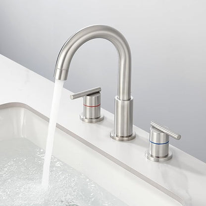 Faustina 3 Hole Bathroom Faucet, Brushed Bathroom Faucets for Sink 3 Hole/Double-Handle/8-Inch Widespread Bathroom Faucet, Stainless Steel Bathroom Vanity Faucet(Pop Up Drain/Supply Line), Brushed