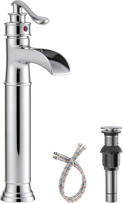 BWE Vessel Sink Faucet Chrome Polished Waterfall Spout Tall Body 1 Hole | Tall Bathroom Faucets with Pop Up Drain Assembly Without Overflow Supply Lines Lavatory Vanity Faucets Commercial