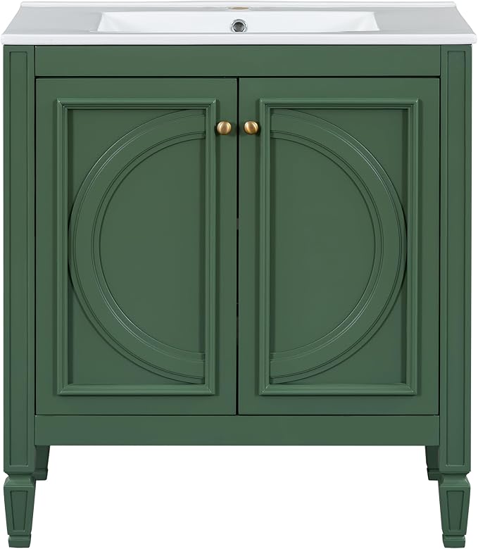 Christopher Knight Home Benton 30" Bathroom Vanity with Ceramic Sink, Wood Frame, Adjustable Shelves, Soft Close Door Hinges, Storage Cabinet with 2-Tier Door Organizer, 1 Drawer, Green
