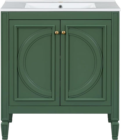 Christopher Knight Home Benton 30" Bathroom Vanity with Ceramic Sink, Wood Frame, Adjustable Shelves, Soft Close Door Hinges, Storage Cabinet with 2-Tier Door Organizer, 1 Drawer, Green
