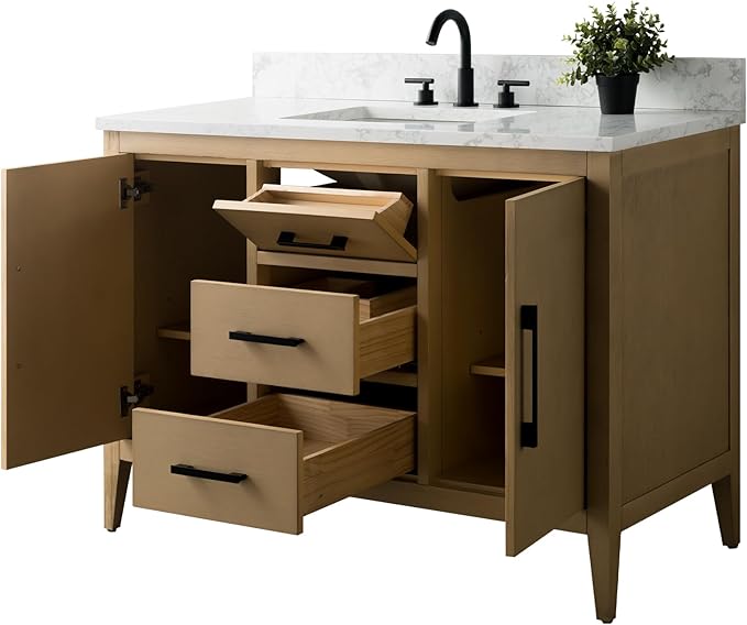 HomeBeyond 48 Inch Bathroom Vanity with Sink & Ceramic Top, Single Vanity Cabinet with Basin, Soft-Closing Doors & Matte Black Hardware, Natural Oak