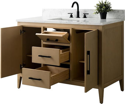 HomeBeyond 48 Inch Bathroom Vanity with Sink & Ceramic Top, Single Vanity Cabinet with Basin, Soft-Closing Doors & Matte Black Hardware, Natural Oak