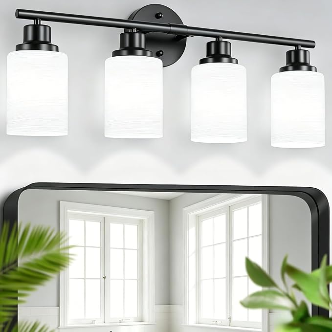 4-Light Bathroom Light Fixtures, Black Vanity Lights for Mirror with Textured Milky White Glass Shade, Modern Kitchen Light Fixtures Wall Sconce Light - E26 Base
