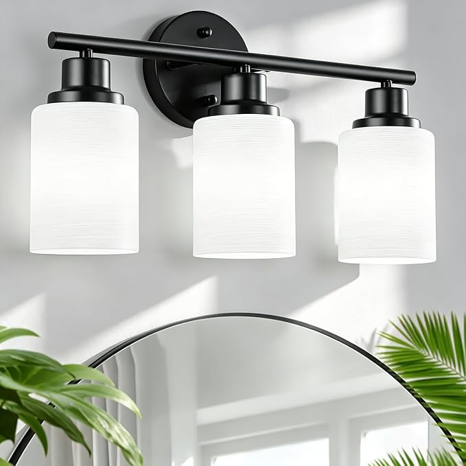3-Light Bathroom Light Fixtures, Black Vanity Lights for Mirror with Textured Milky White Glass Shade, E26 Base Modern Kitchen Light Fixtures Wall Sconce Light