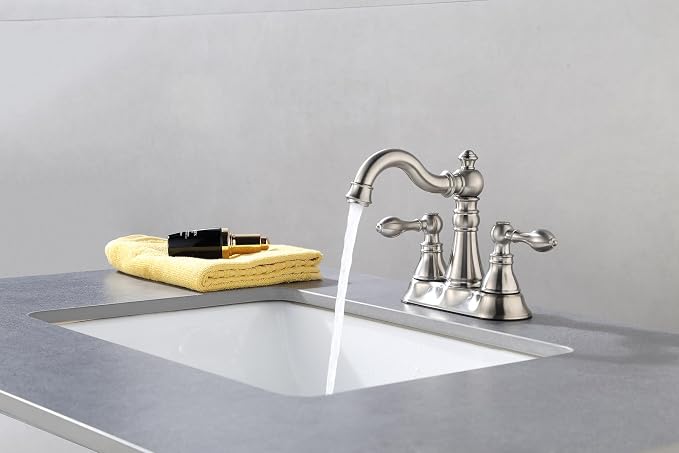 Two Handle Brushed Nickel Bathroom Faucet 3 Hole with Plastic Overflow Pop-Up Drain,Swivel Spout Bathroom Sink Faucet 4 Inch Centerset,Meets cUPC NSF 61-9 AB1953,F-0048-BN