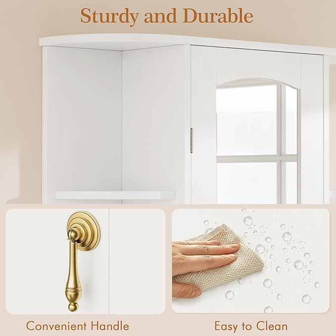 VECELO Bathroom Wall Cabinet with Mirror, Wall Mounted Medicine Cabinets with Door and 6 Open Shelves, Inner Adjustable Shelf, White