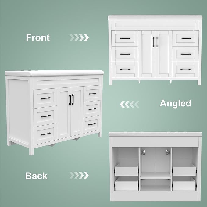 48 Inch Bathroom Vanity with Sink, Bathroom Vanity Cabinet with Doulble Sink, Bath Vanities with 2 Doors and 4 Drawers, White (20" D x 48" W x 36" H)