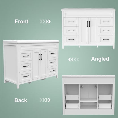 48 Inch Bathroom Vanity with Sink, Bathroom Vanity Cabinet with Doulble Sink, Bath Vanities with 2 Doors and 4 Drawers, White (20" D x 48" W x 36" H)