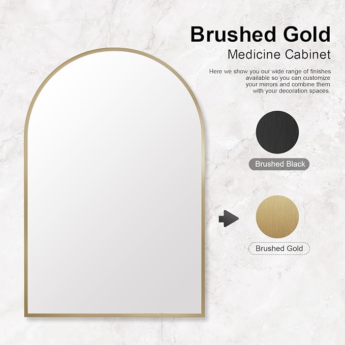 Recessed Medicine Cabinet for Bathroom,Brushed Gold Arched Medicine Cabinet with Mirror,Arch Mirrored Medicine Cabinets Recessed,Bathroom Mirror with Storage,Open from Left to Right 20x30