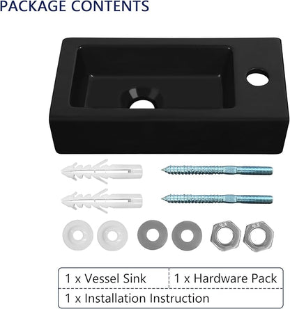 DeerValley Small Bathroom Sink, 15"x7" Mini Rectangle Wall Mount Vessel Sink for Bathroom Powder Room Cloakroom, Floating Space Saving Design, Easy to Clean Matte Black Ceramic Wash Basin (Right Hand)
