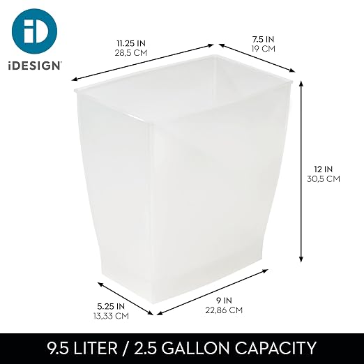 iDesign Small Plastic Bathroom Trash Can, Clear Frost | Slim Rectangle, For Bedroom, For Office, For Dorm
