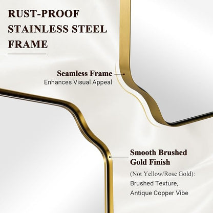 Brushed Gold Scalloped Bathroom Mirror, 26"x38" Rectangle Mirror | Rustproof Stainless Steel Frame, Anti-Corrosion HD Glass, Unique Notched Corners, Horizontal or Vertical, Ideal for Bathroom