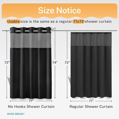 RiverDream Heavyweight Waffle No Hook Shower Curtain with Liner,Black,71x74 | Dotted Waffle,Snap-in Liner,Heavy Duty,Quick Dry,Mesh Top Window,With Bottom Magnets,Hotel-Grade,Washable,Standard Size