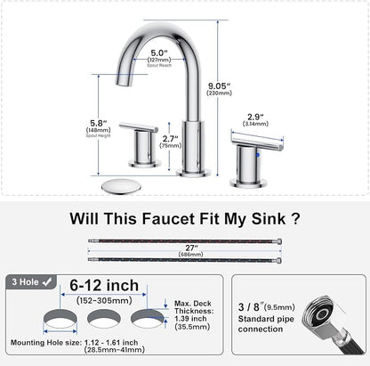 Bathroom Faucets for 3 Hole Sinks, Hurran 8 Inch Chrome Double Handle Bathroom Sink Faucet Comes with a 360 Degree Rotating Spout and a Pop-Up Drain that is Suitable for Vanity RV Outdoor Sink