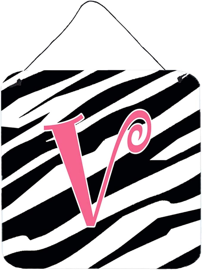 Caroline's Treasures CJ1037-VDS66 Letter V Initial Zebra Stripe and Pink Wall or Door Hanging Prints Aluminum Metal Sign Kitchen Wall Bar Bathroom Plaque Home Decor, 6x6, Multicolor