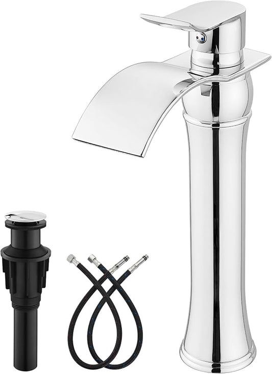 gotonovo Waterfall Vessel Sink Faucet for Sink 1 Hole,Single Handle Tall Bathroom Sink Faucet,Brass Waterfall Bathroom Faucet Arc Body Mixer Tap with Pop Up Drain and Supply Line,Polish Chrome