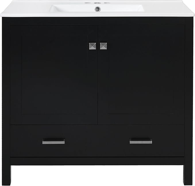 Favfurish 36" Black Bathroom Vanity with Ceramic Sink,Modern Bathroom Vanity Cabinet w/Soft Close Doors and Deep Drawer,Stylish Bath Storage Solution w/Divided Drawer,Easy Assembly,Black