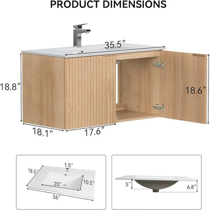 Modern Bathroom Vanity with Sink, Floating Wall Mount Cabinet with Wavy Textured Doors, Waterproof Storage for Small Bathroom, Soft-Close Design, Nature Wood (36")