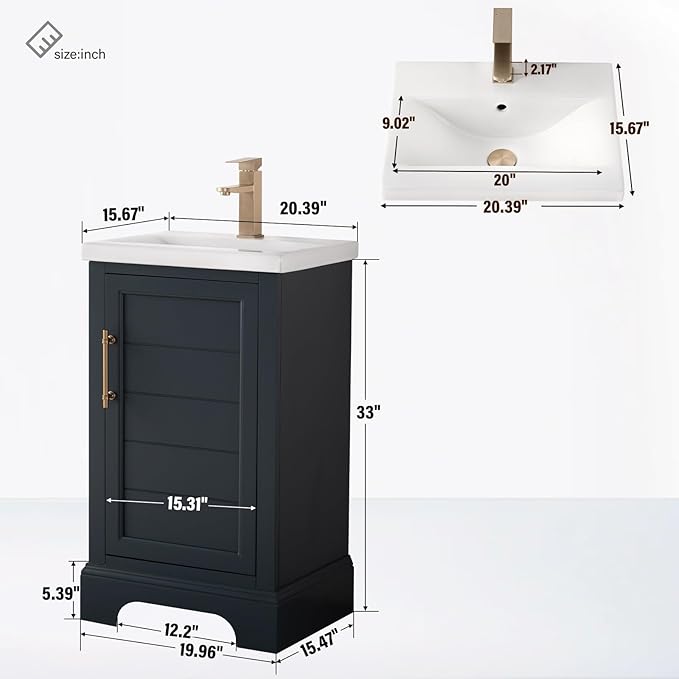 HOMEBEYOND 20 Inch Bathroom Vanity with Single Sink & Ceramic Top, Vanity Cabinet with Center Countertop Basin, Soft-Closing Doors, Vintage Spruce Blue