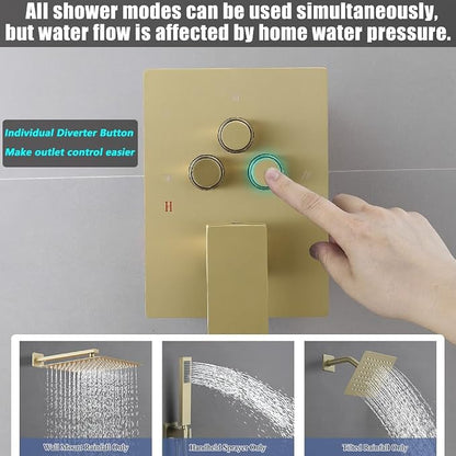 Shower Faucet Set Brushed Gold 10 Inch Wall Mount Rainfall Shower System with 2 Rain Shower Head and Handheld Head Push Button Diverter Shower Trim Kit and Rough-in Valve Body