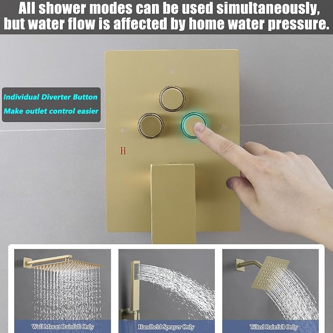 Shower Faucet Set Brushed Gold 12 Inch Wall Mount Rainfall Shower System with 2 Rain Shower Head and Handheld Head Push Button Diverter Shower Trim Kit and Rough-in Valve Body