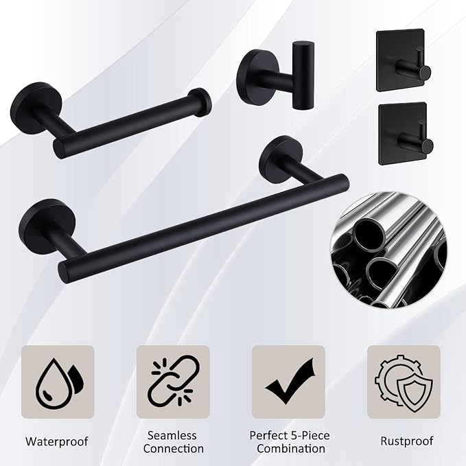 5-Pieces Bathroom Hardware Set, SUS304 Stainless Steel Towel Rack Set, 16" Hand Towel Rack, Toilet Paper Rack, 3 Bathrobe Towel Hooks, Bathroom Accessories, Towel Rack Set(Matte Black)