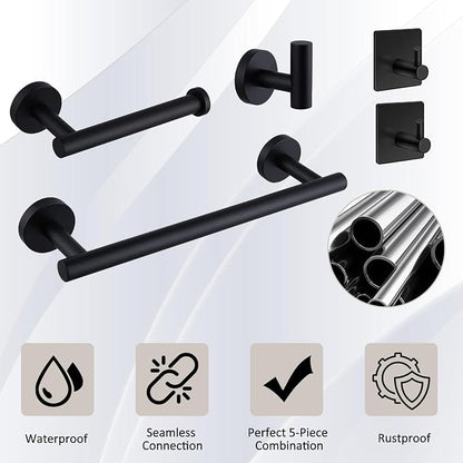 5-Pieces Bathroom Hardware Set, SUS304 Stainless Steel Towel Rack Set, 16" Hand Towel Rack, Toilet Paper Rack, 3 Bathrobe Towel Hooks, Bathroom Accessories, Towel Rack Set(Matte Black)