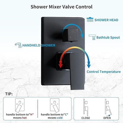 Matte Black Shower Faucet 12 Inch Set with Tub Spout, Shower Head and Handle with 2 Hooks Rain System Square Wall Mount for Bathroom