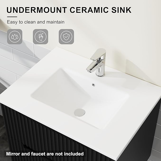 24” Wall Mounted Bathroom Vanity with Sink Floating Bathroom Cabinet Sink Combo, Soft-Close System, 2 Extra Big Drawers, Black