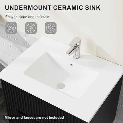 24” Wall Mounted Bathroom Vanity with Sink Floating Bathroom Cabinet Sink Combo, Soft-Close System, 2 Extra Big Drawers, Black