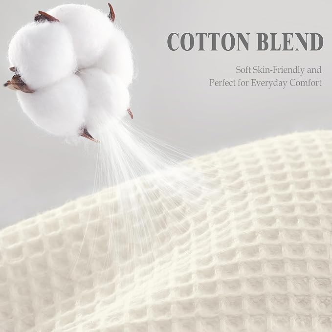 Extra Long Waffle Shower Curtain Heavyweight Cotton Fabric Ivory 72Wx84L | Soft Cotton Cloth,3D Square Truely Waffle,Washable, Hotel Luxury Spa, Shower Curtains for Narrow Bathroom 12 Plastic Hooks