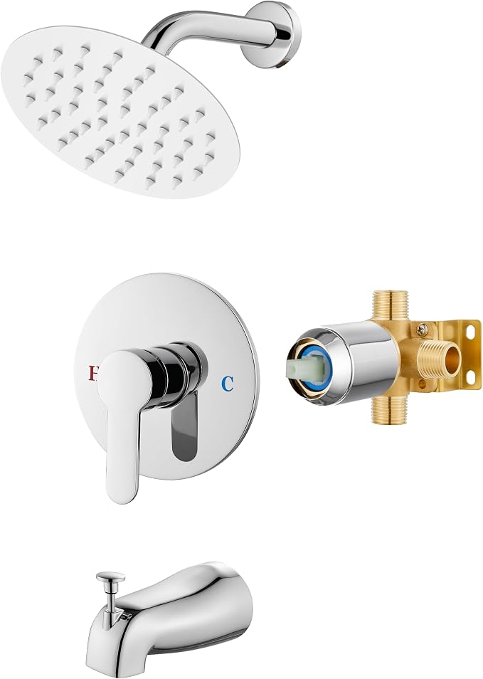 Airuida Shower Faucet Set with Tub Spout,6" Bathtub Faucet-Chrome Polish | Male Threads Rough-In Valve,Round Head Shower System,Tub and Shower Kit Set