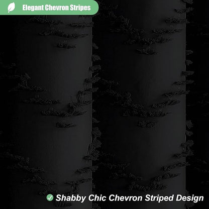 Long Boho Farmhouse Shower Curtain Tufted Chevron 72"x80" Black | 80 Inch Tall, Elegant Tassel, Lightweight Textured Fabric, Water Repellent, Washable, Hotel Spa, for Bathroom/Dorm 12 Hooks