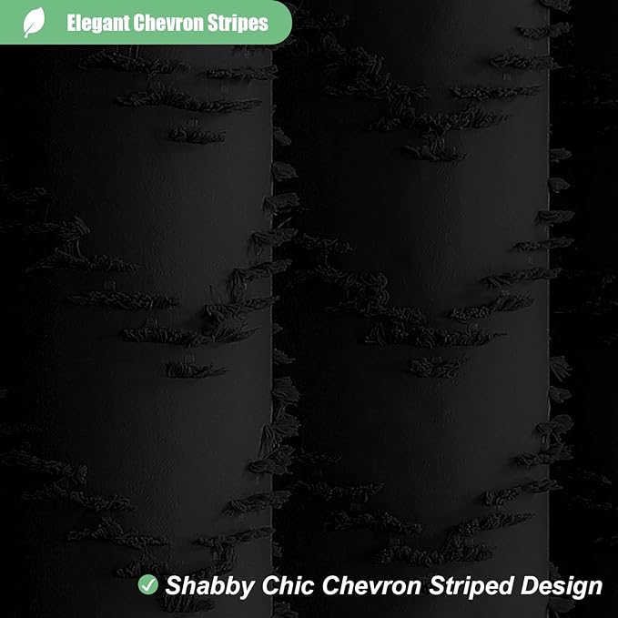 Boho Farmhouse Fabric Shower Curtain Tufted Chevron 72"x70" Black | Elegant Tassel, Soft Lightweight Textured Cloth, Water Repellent, Washable, Hotel Spa, for Bathroom/Dorm/Apartment 12 Hooks