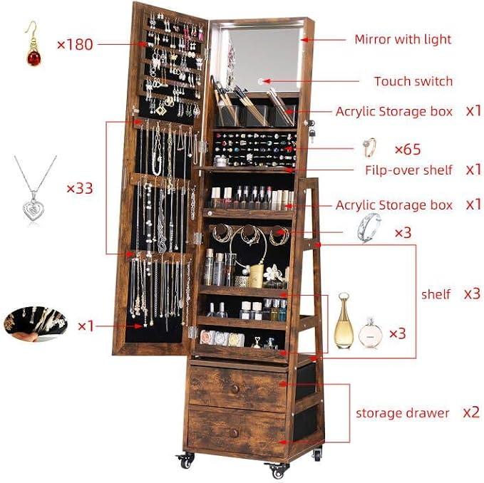 Rotating Jewelry Cabinet with Vanity Mirror Jewelry Armoire Lockable | Full Length Mirror with Storage Jewelry Organizer Standing Mirror with Drawers Wheels Christmas Gift for Girl Rustic Brown