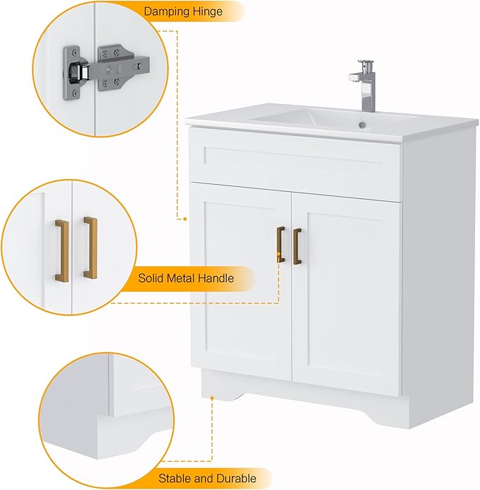 Bathroom 30" Vanity with Ceramic Sink, Wooden Double Door Bathroom Storage Cabinet, Freestanding Cabinet Vanity with Sink (Paint, White,30")
