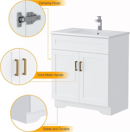 Bathroom 30" Vanity with Ceramic Sink, Wooden Double Door Bathroom Storage Cabinet, Freestanding Cabinet Vanity with Sink (Paint, White,30")
