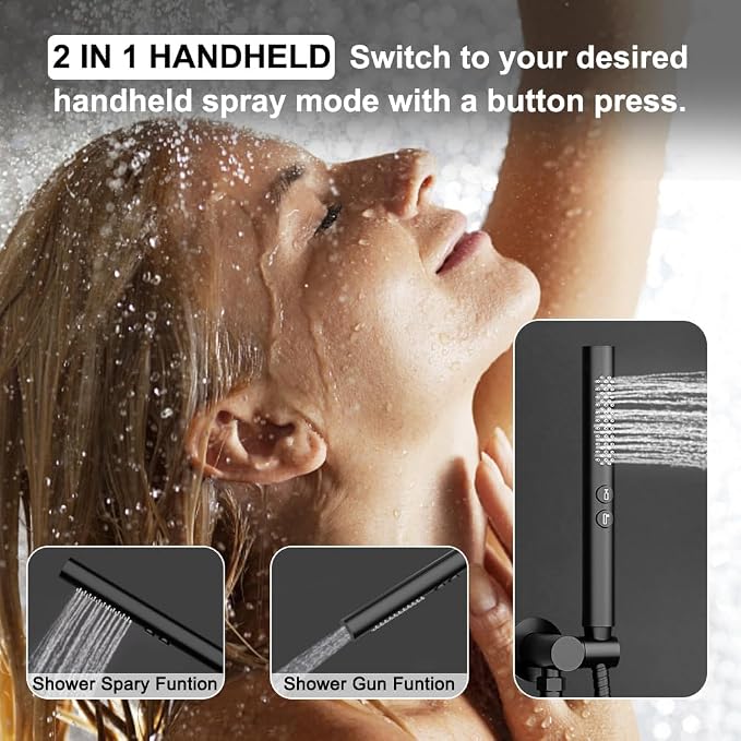 Shower Systems Round Shower Faucet Set,12+6" Dual Rainfall Shower head with 2 in 1 Handheld Spray, Wall Mount Push Button Shower Set with Valve and Trim Kit Matte Black, Can Use All at Once