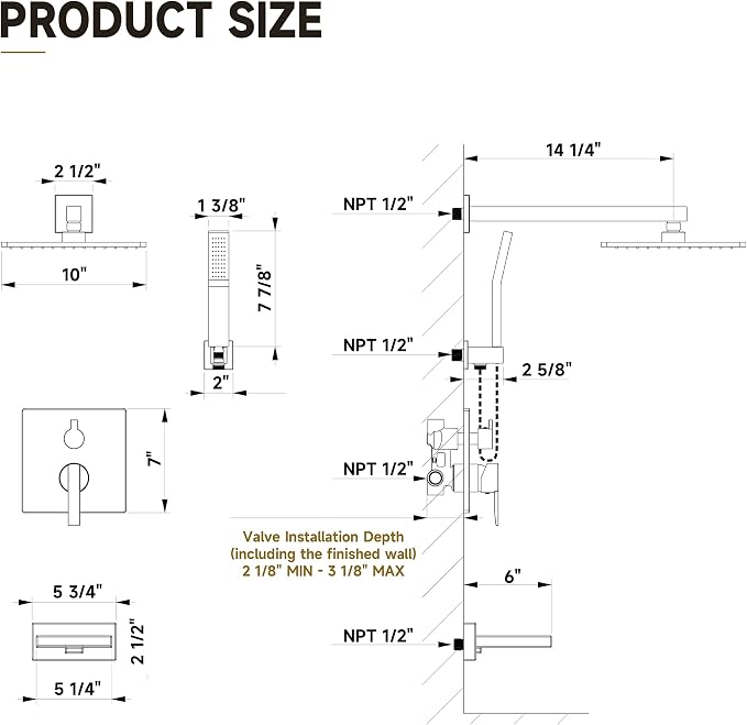 Shower System with Tub Spout, All Metal Black Bathtub Shower Faucet Set with High Pressure 10 Inch Rain Shower Head and Handheld Shower Head Set, Matte Black (Valve Include）