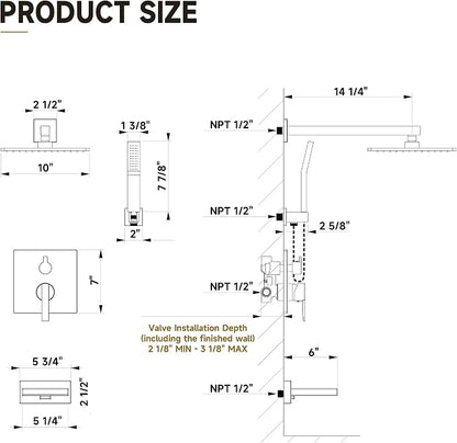 Shower System with Tub Spout, All Metal Black Bathtub Shower Faucet Set with High Pressure 10 Inch Rain Shower Head and Handheld Shower Head Set, Matte Black (Valve Include）
