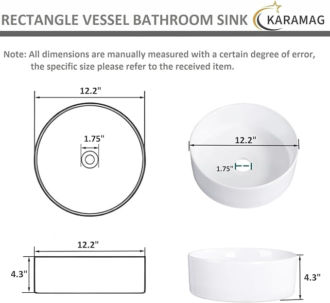 Bathroom Sink 12 Inch Round Vessel Sink Above Counter Porcelain Ceramic Small Sink Bowl Ceramic Vessel Sinks for Bathrooms Ideal for Small Space (12.2"x12.2"x4.3")