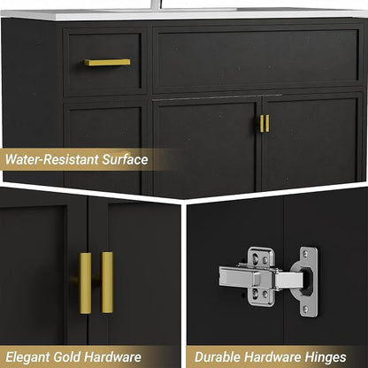 36 Inch Freestanding Bathroom Vanity with Sink, Shaker Style Black Cabinet with 3 Drawers & Double Doors, Waterproof Lacquer Finish, Ideal for Master Bathroom & Family Home