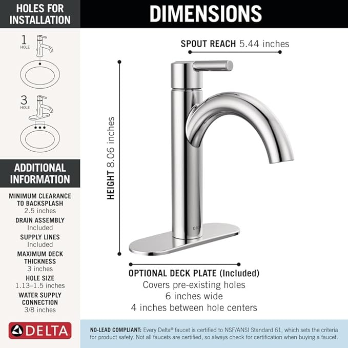 Delta Nicoli Chrome Bathroom Faucet 1 Hole, Single Hole Bathroom Sink Faucet for Vanity, Push-Pop Drain Assembly, Chrome 15749LF