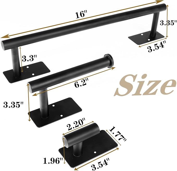 5 PCS Self Adhesive Bathroom Hardware Set, Stainless Steel Towel Rack Set Include 16In Bath Towel Bar+Toilet Paper Holder+3 Towel/Robe Hooks No Drill Bathroom Accessory Kit(Matte Black)