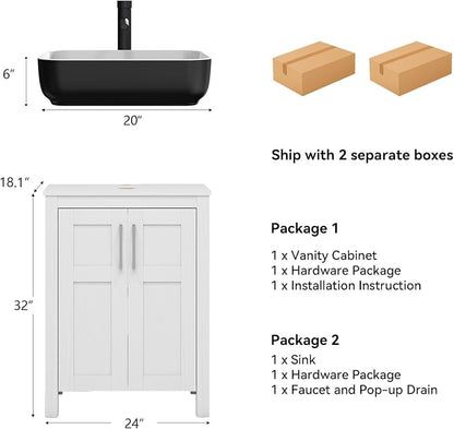 YOURLITE 24" Bathroom Vanity with Sink, White Bathroom Vanity and Sink Combo with Faucet & Pop Up Drain Set,Traditional Vanity with with White & Black Ceramic Sink